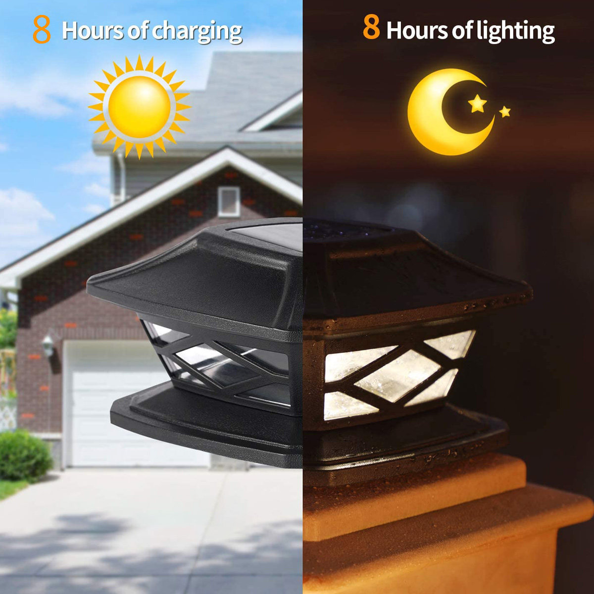 Solarpfostenlicht bei Sonneneinstrahlung zum Aufladen und bei Nacht beleuchtet. 8 Std. Ladezeit, 8 Std. Leuchtdauer.