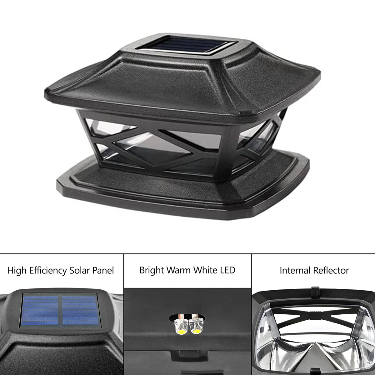 Schwarze Solar-Pfostenkappe mit klaren Seiten und einem Solarpanel oben.