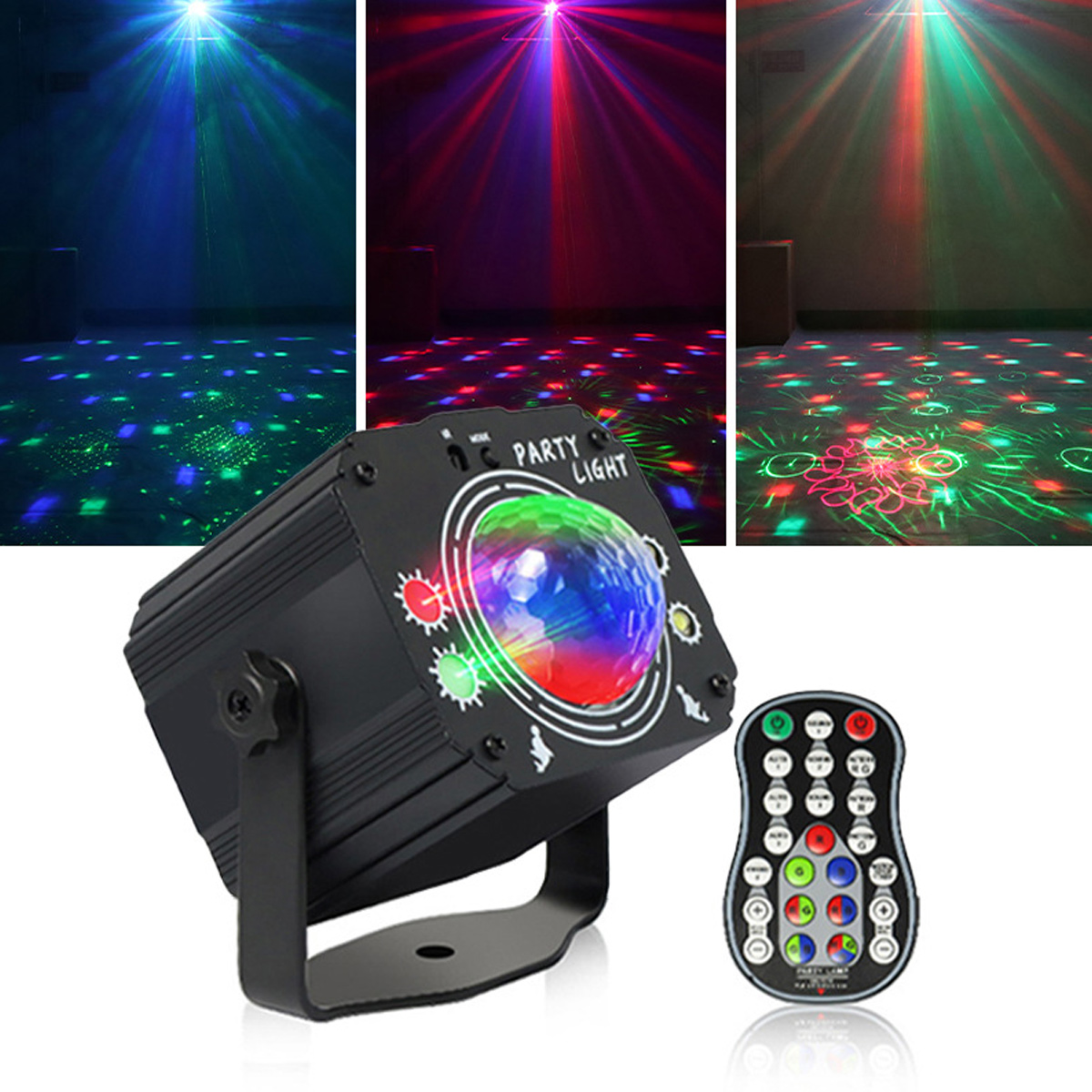 Eine Disco-Lichtshow mit farbigen Strahlen und Mustern auf dem Boden.
