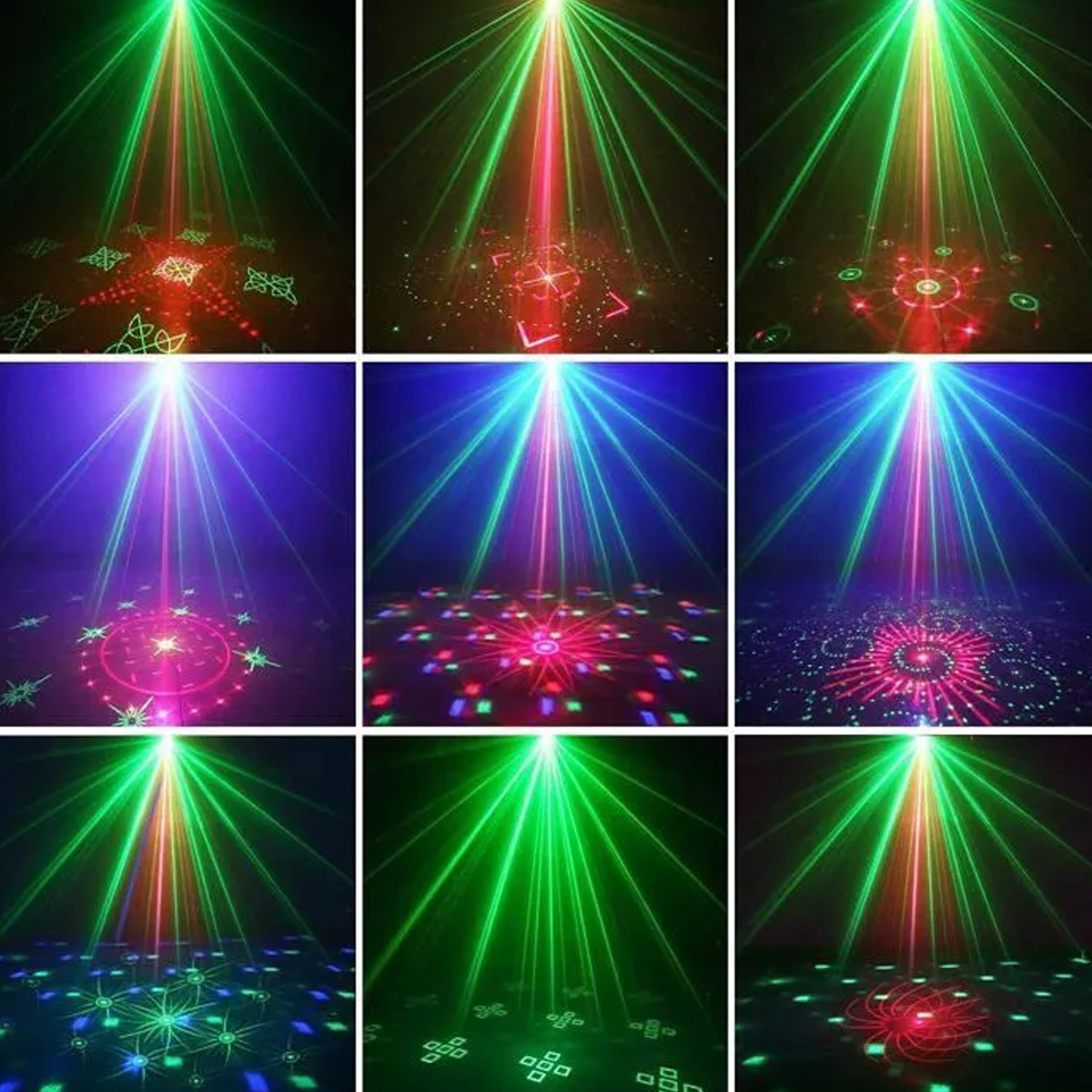 Neun Tafeln zeigen bunte Laserlichter, die Muster auf den Boden projizieren.