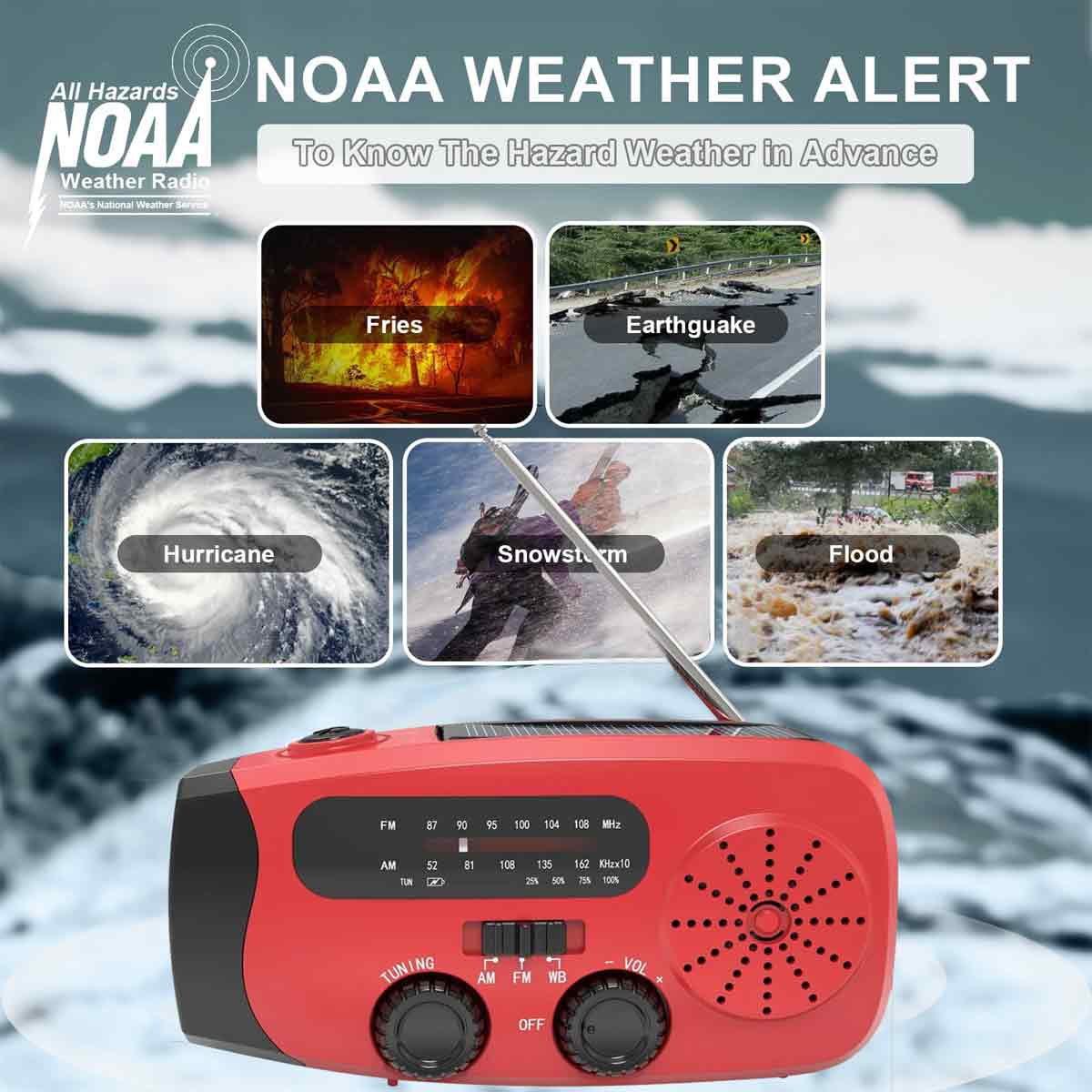 Rotes NOAA-Wetterradio mit Bildern von Stürmen, Waldbränden, Erdbeben und Überschwemmungen.