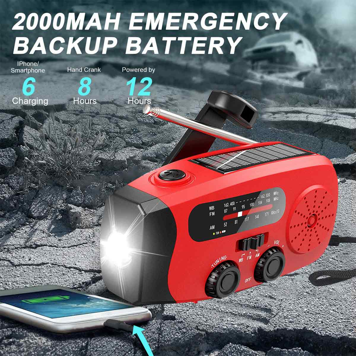 Rotes Notstromgerät mit Solarpanel lädt Smartphone über USB, mit Kurbel und Taschenlampe.