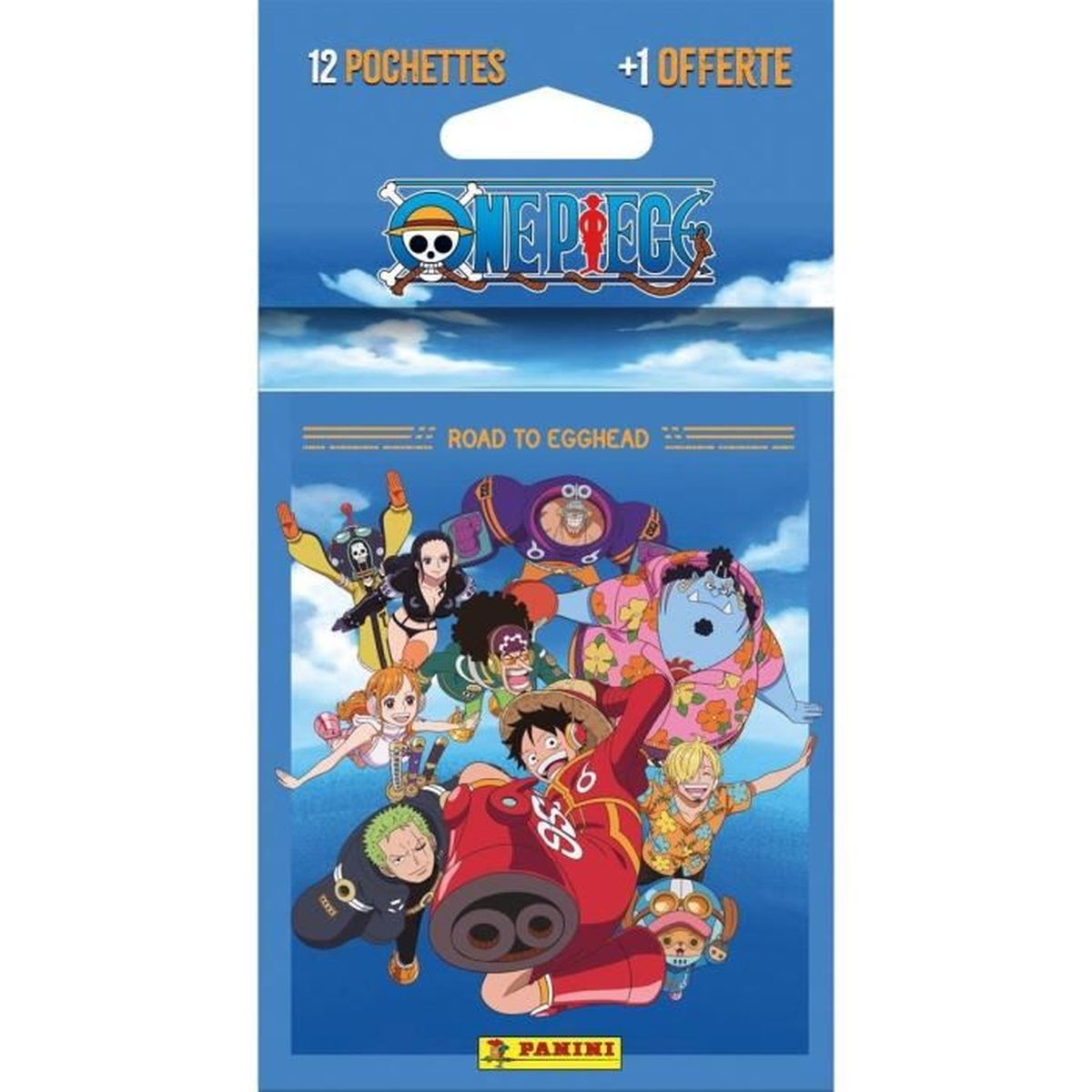 One Piece "Road to Egghead" Sammelkartenpackung mit 12+1 Karten. Charaktere auf blauem Hintergrund.