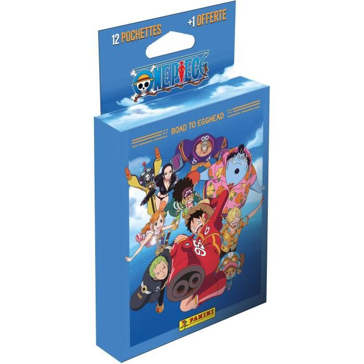One Piece Trading Card Box mit Charakteren vor blauem Himmel und Wolken.