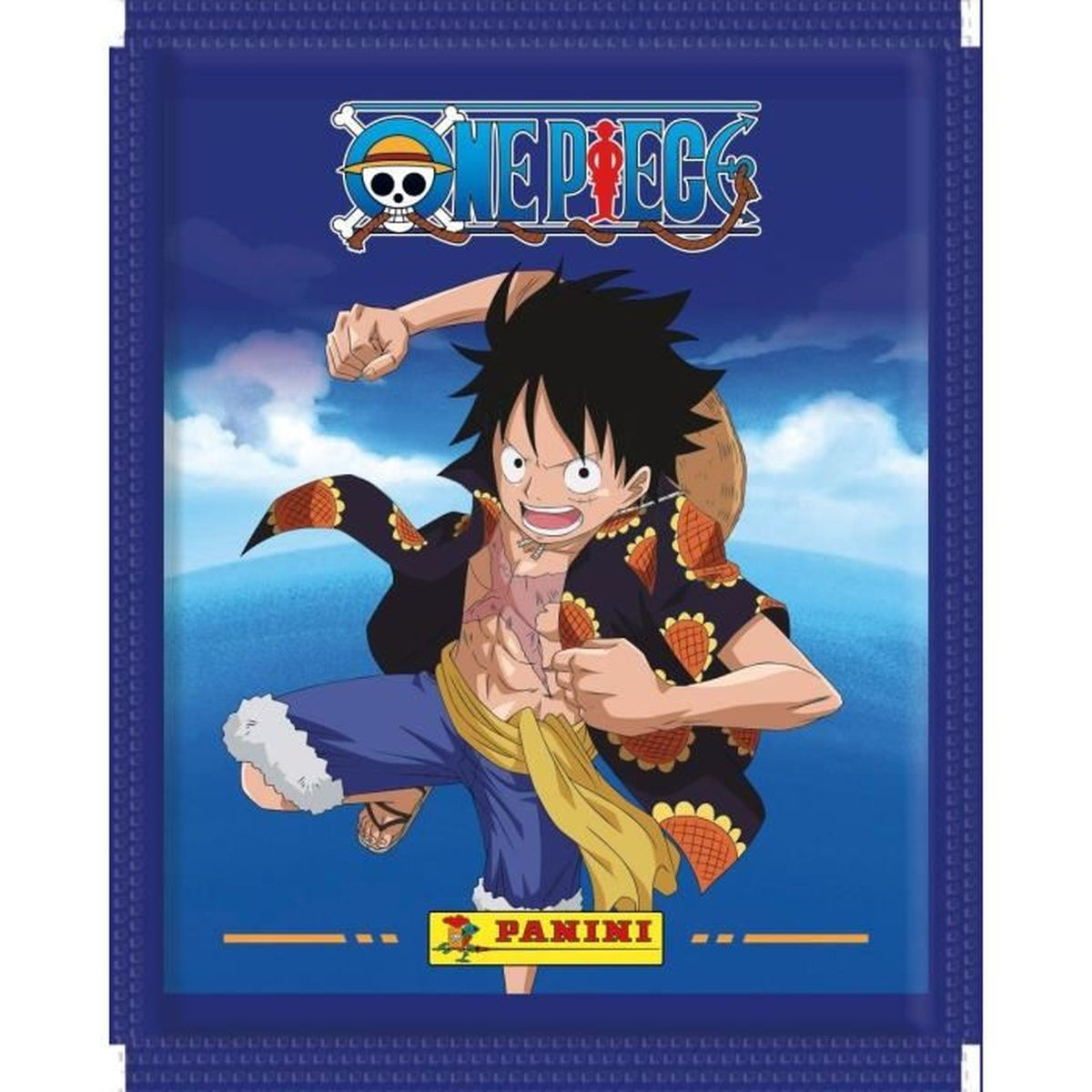 Luffy von One Piece mit Strohhut und "Panini"-Logo auf blauem Hintergrund.