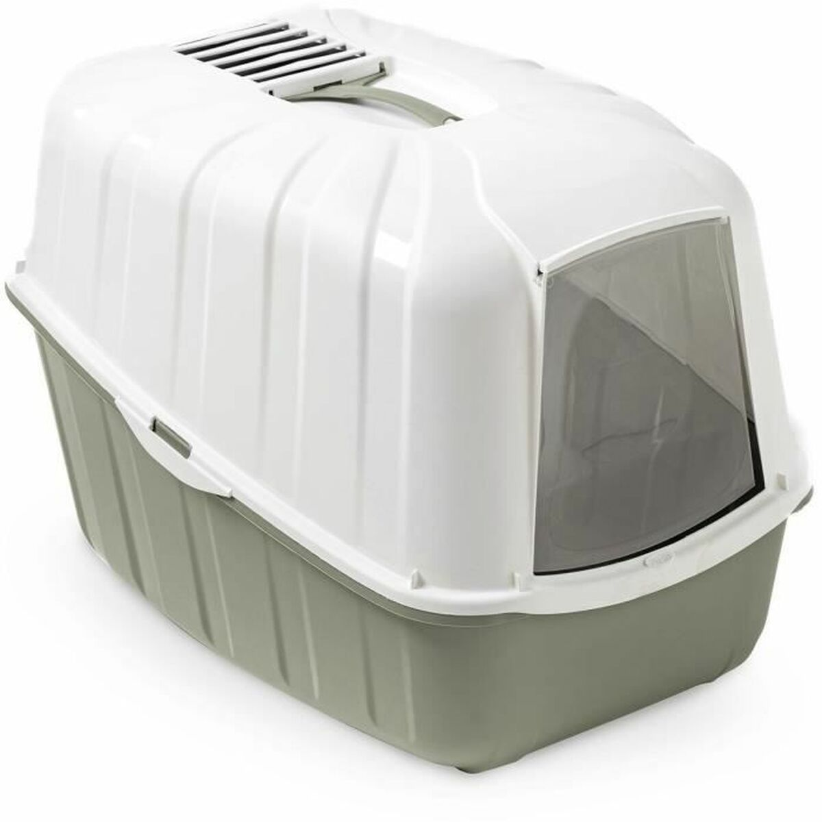 Una lettiera bianca e grigia con cappuccio e fessure di ventilazione.