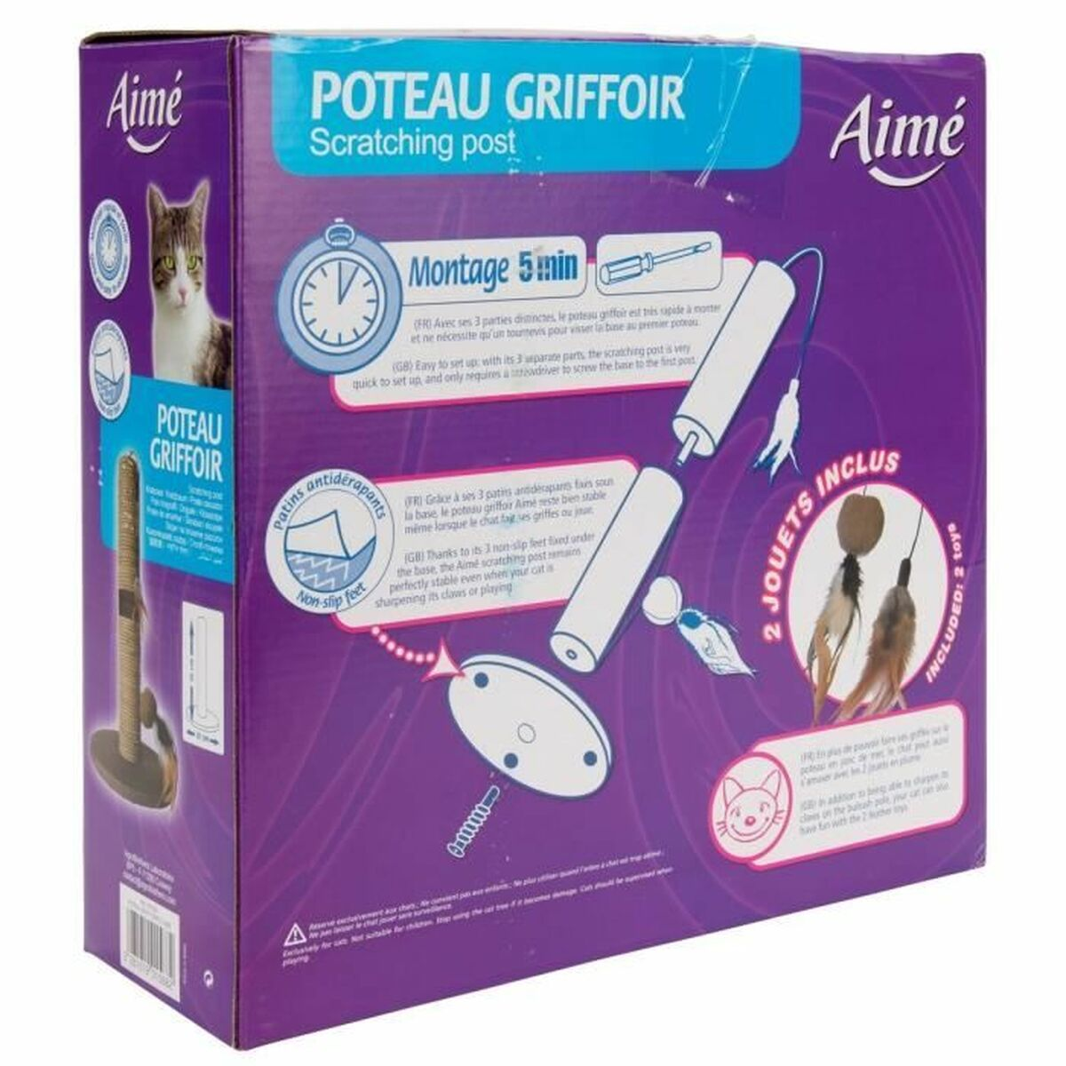 Scatola di un tiragraffi con gatto, istruzioni di montaggio e accessori.