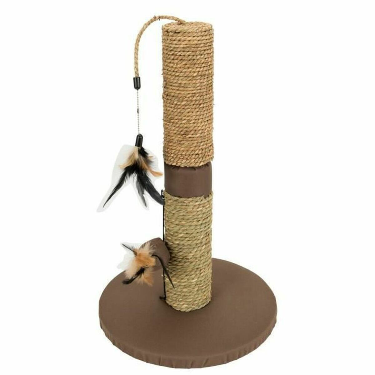 Tiragraffi per gatti con due pali, corda e giochi di piume.