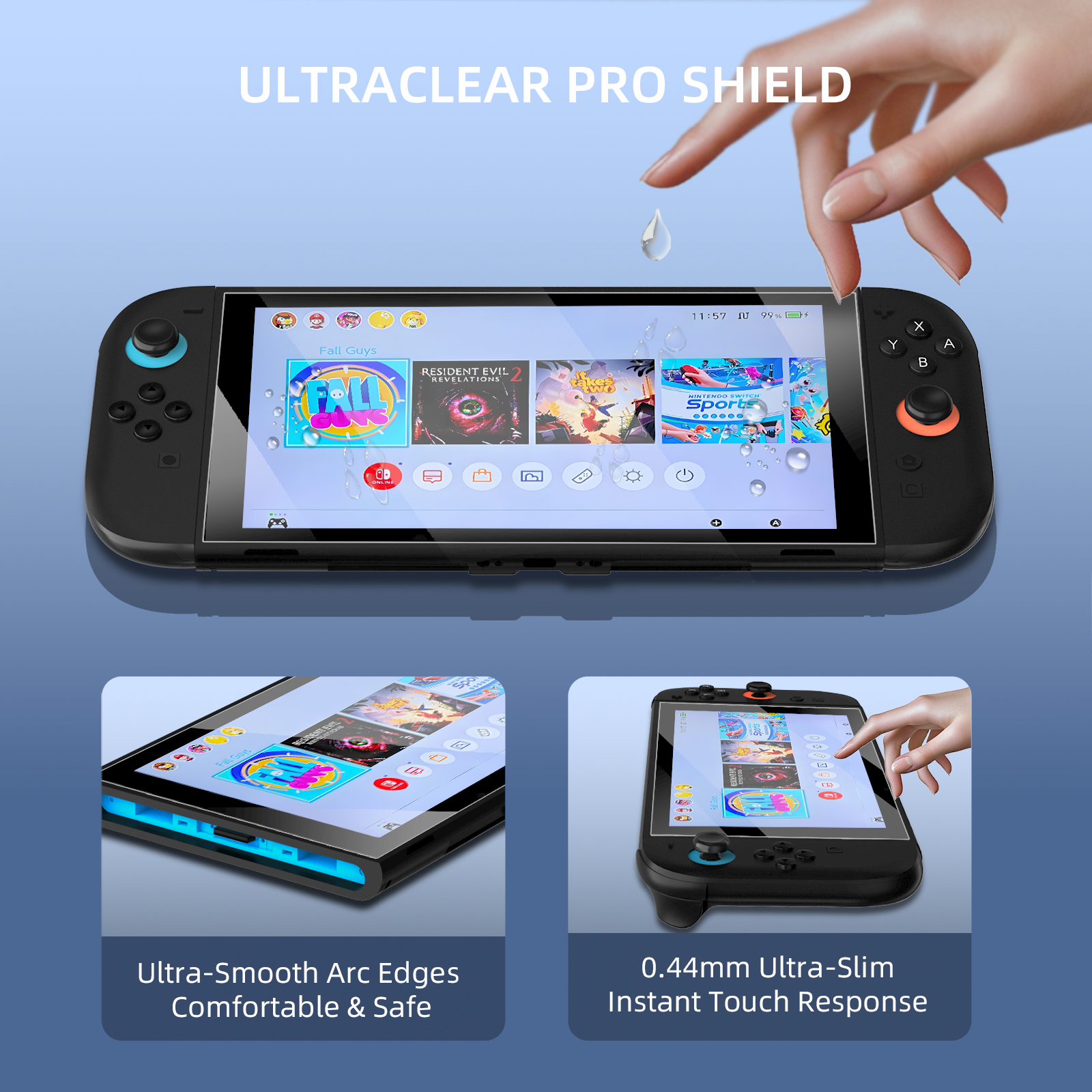 Nintendo Switch met schermprotector die wordt aangebracht, spelenselectie zichtbaar.