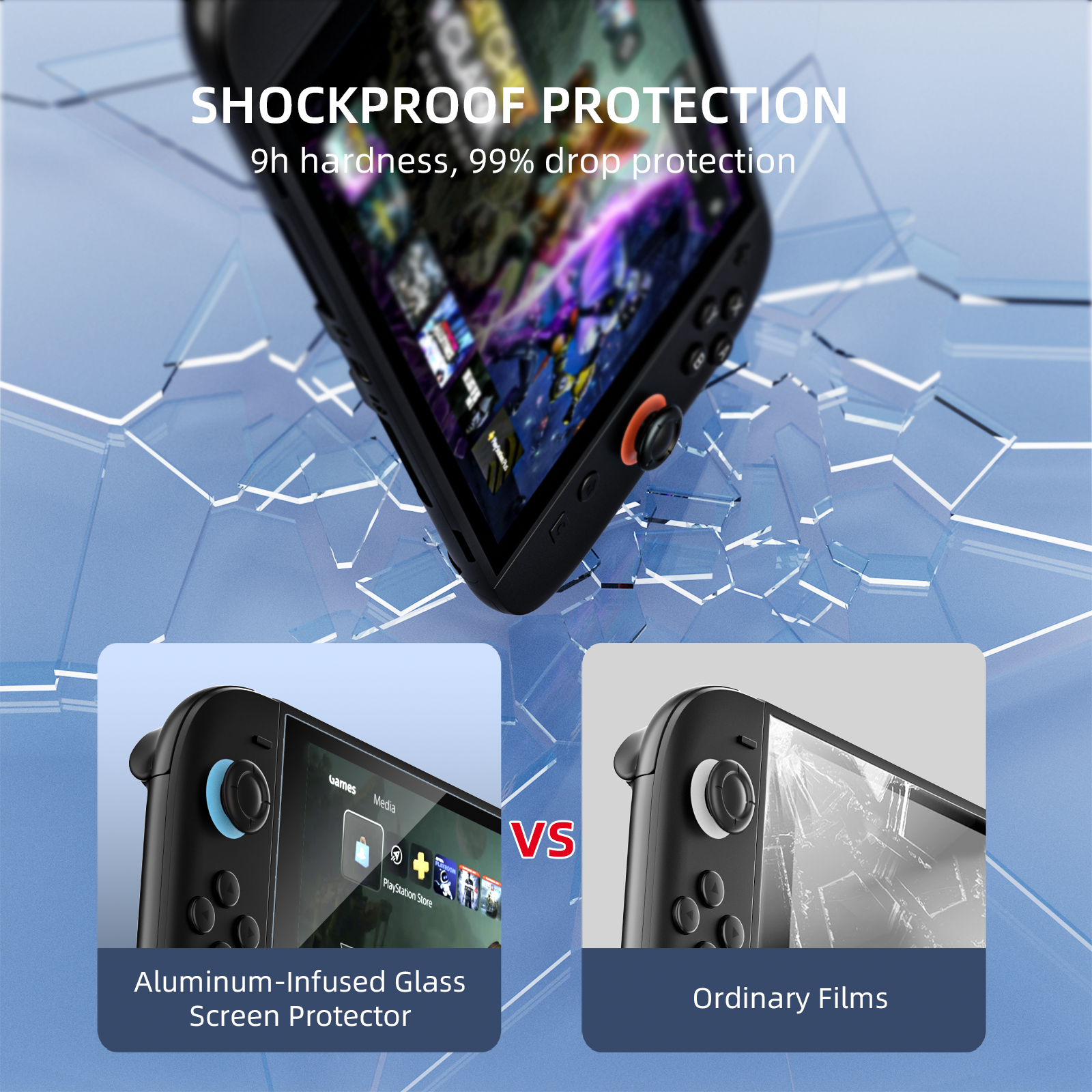 Een draagbare spelcomputer met een gebarsten screenprotector versus een intacte.