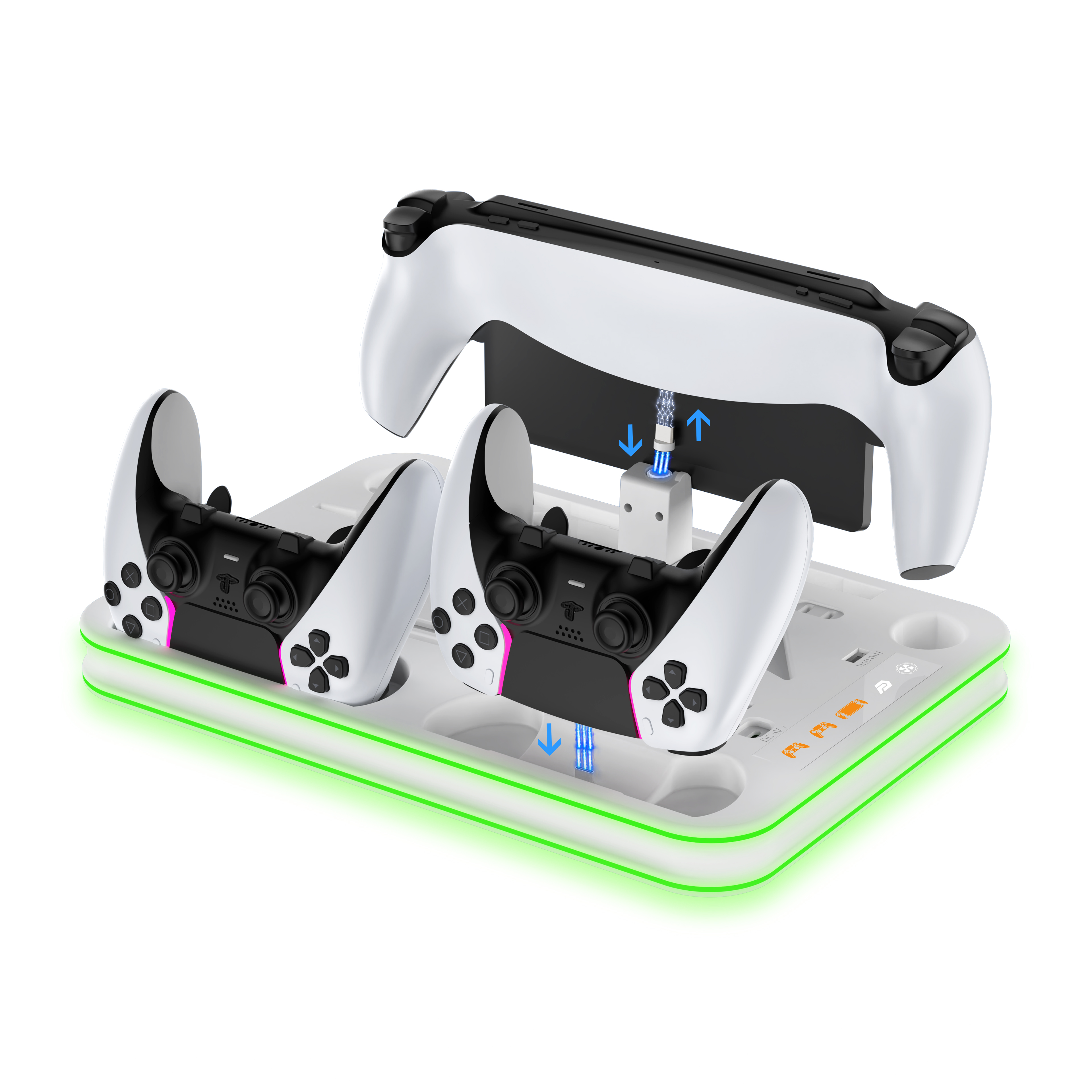 Witte controller oplaadstation met groen licht, twee controllers en een oplaadkabel.
