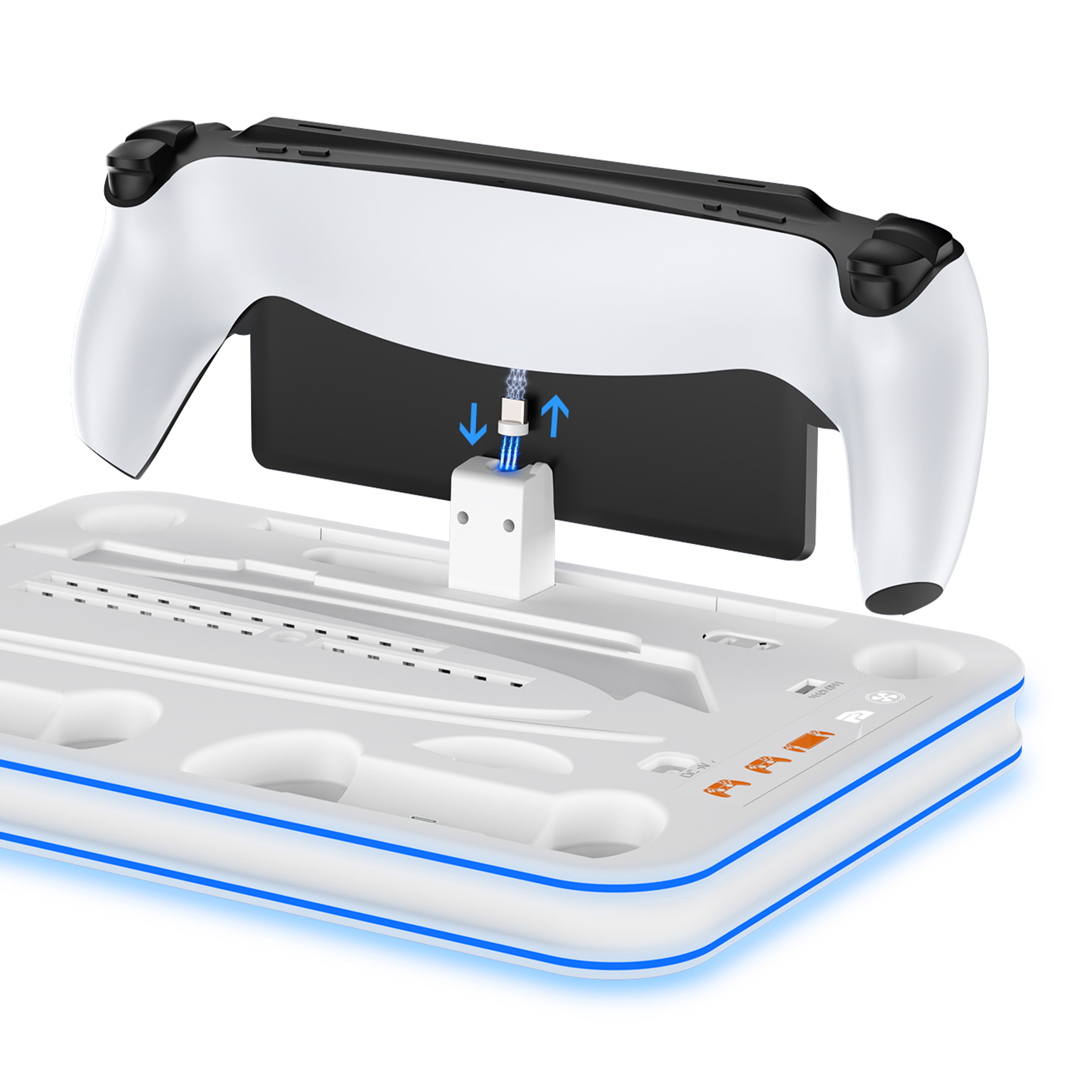 Een wit laadstation met controller en blauw licht.
