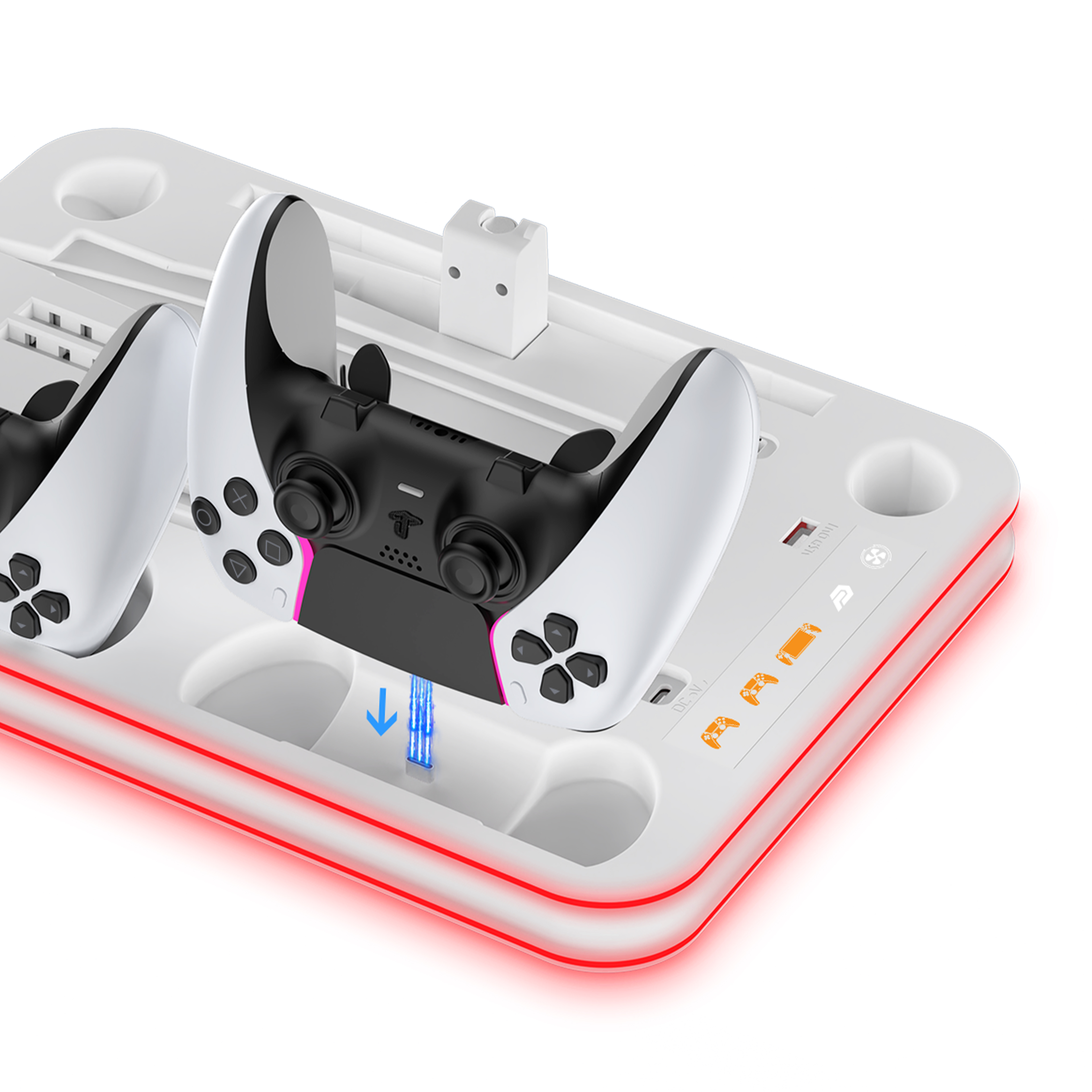Een wit oplaadstation met twee zwart-witte controllers en rode lampjes.