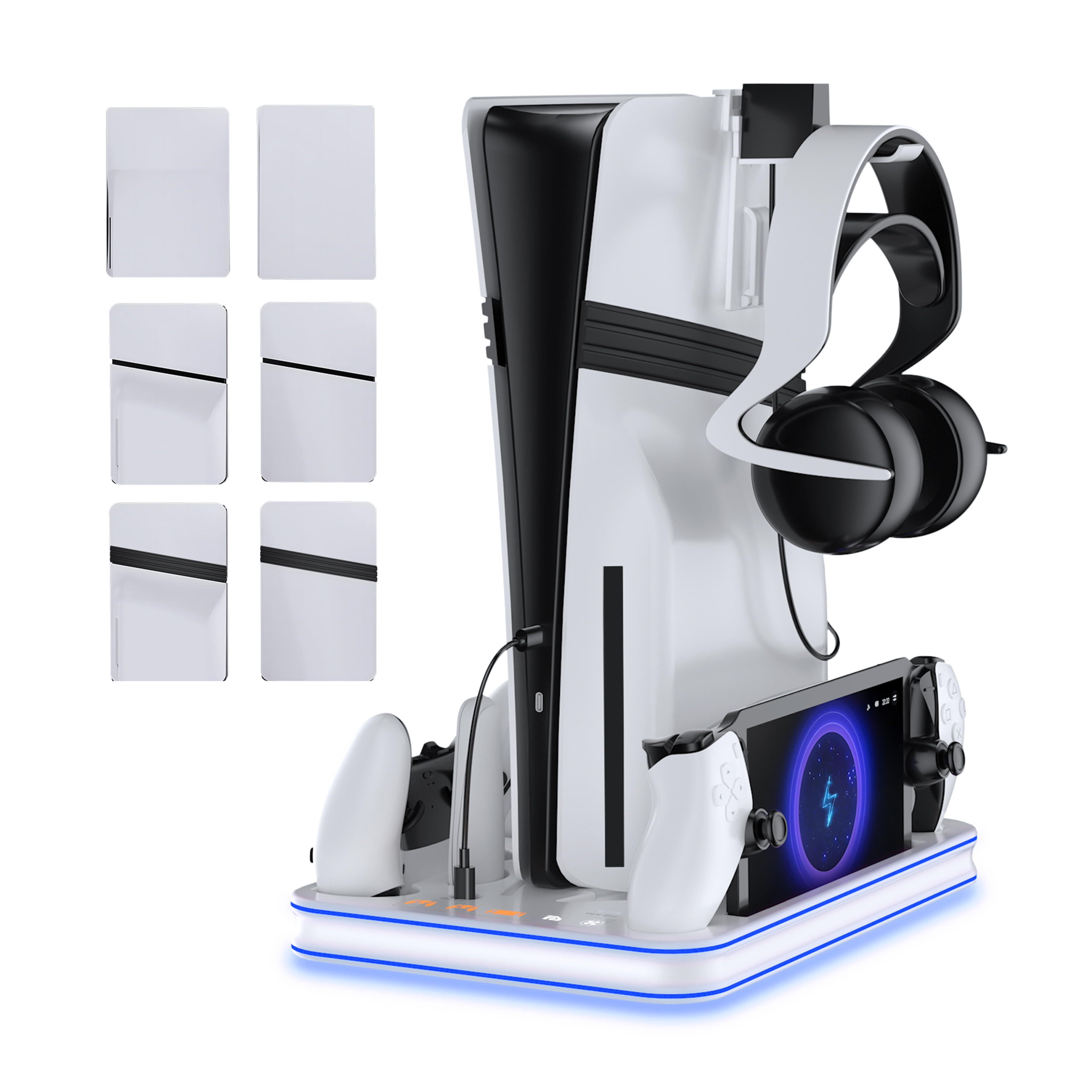 Een wit oplaadstation voor gameconsoles met controllers, headset en console.
