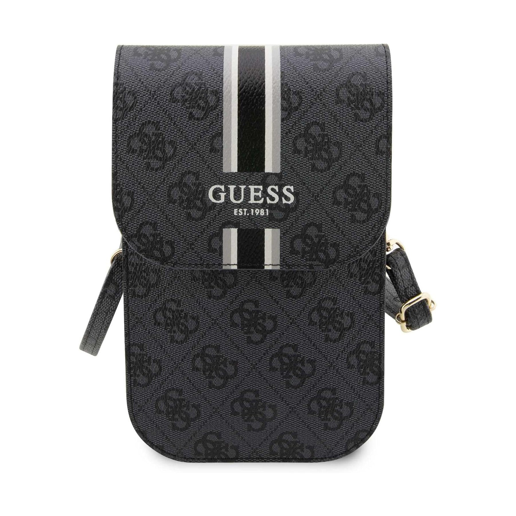 Bolso negro Guess para móvil con monograma y rayas.