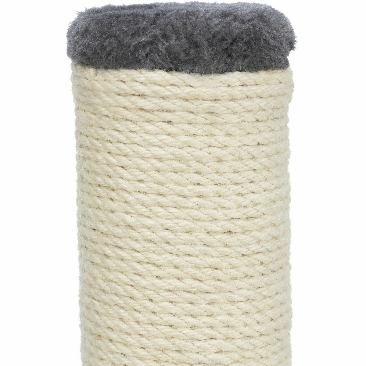 Primer plano de un poste rascador con cuerda beige y parte superior gris y esponjosa.