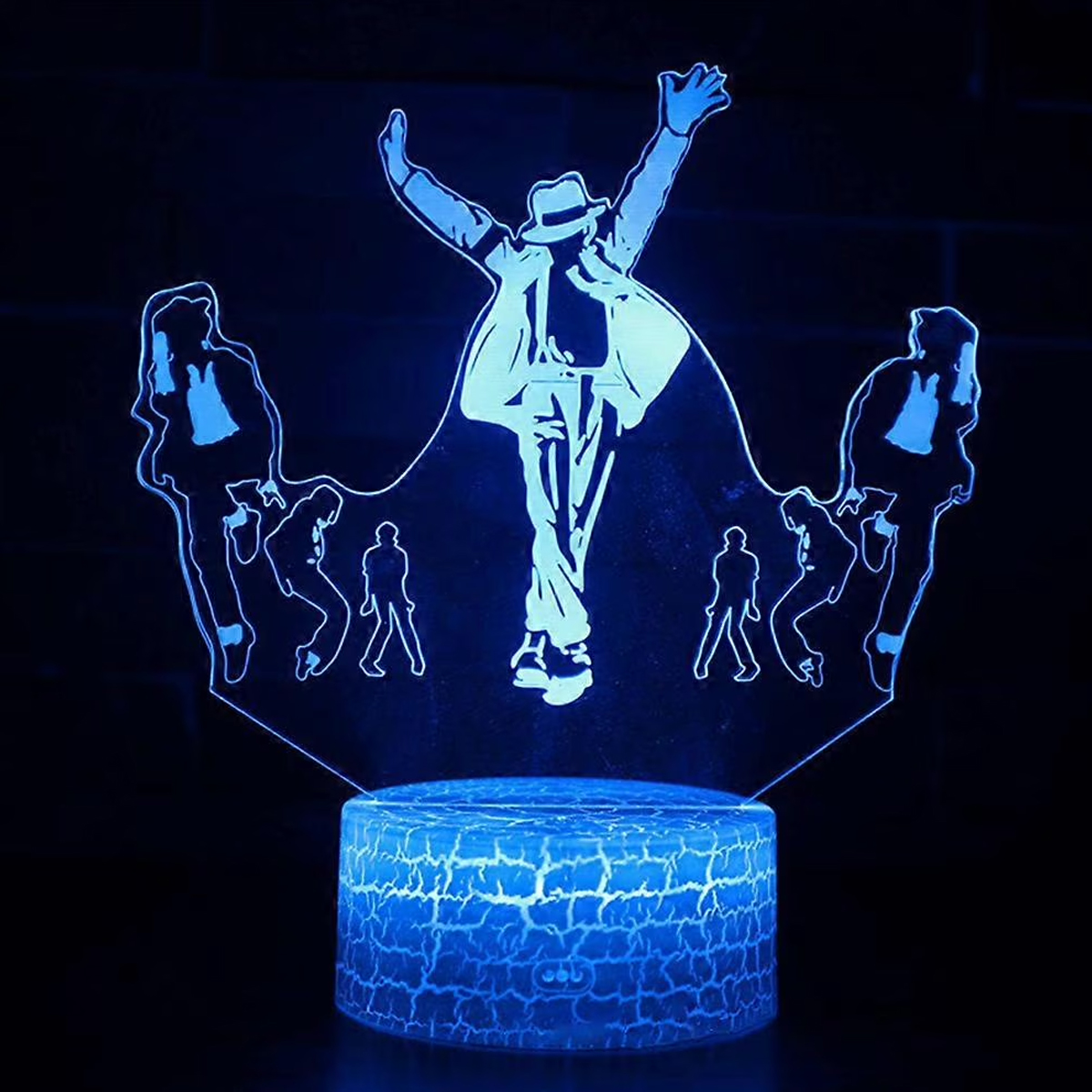 Eine blaue LED-Lampe mit Michael Jackson-Silhouetten und tanzenden Figuren.