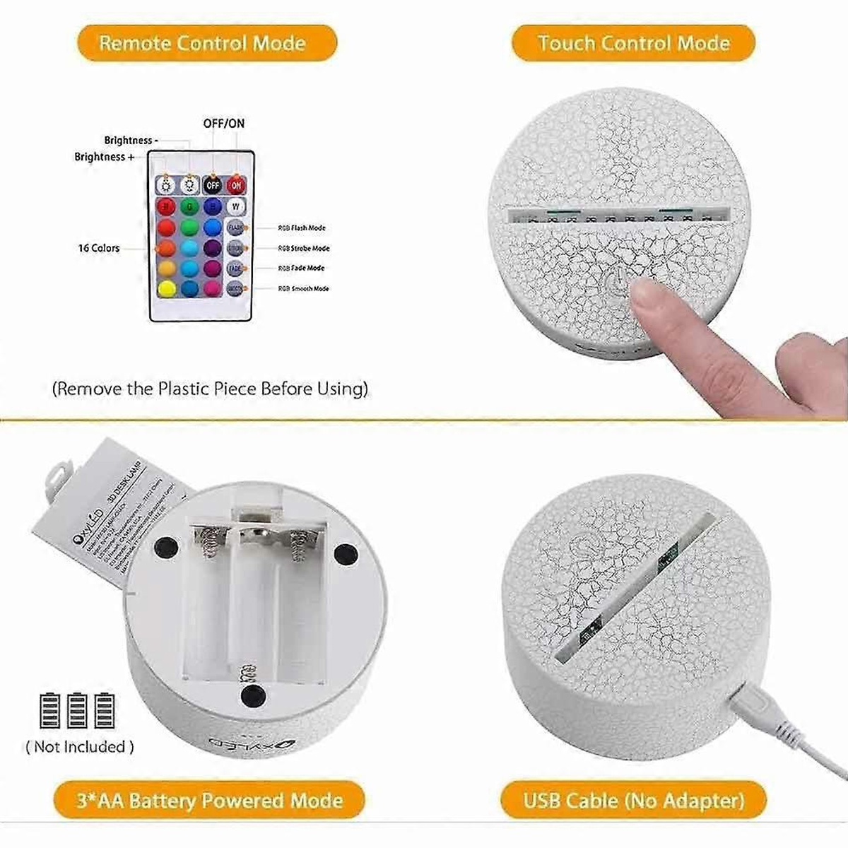 Fernbedienungs- und Touch-Modi für eine Lampe. Zeigt Fernbedienung, Batteriefach und USB-Anschluss.