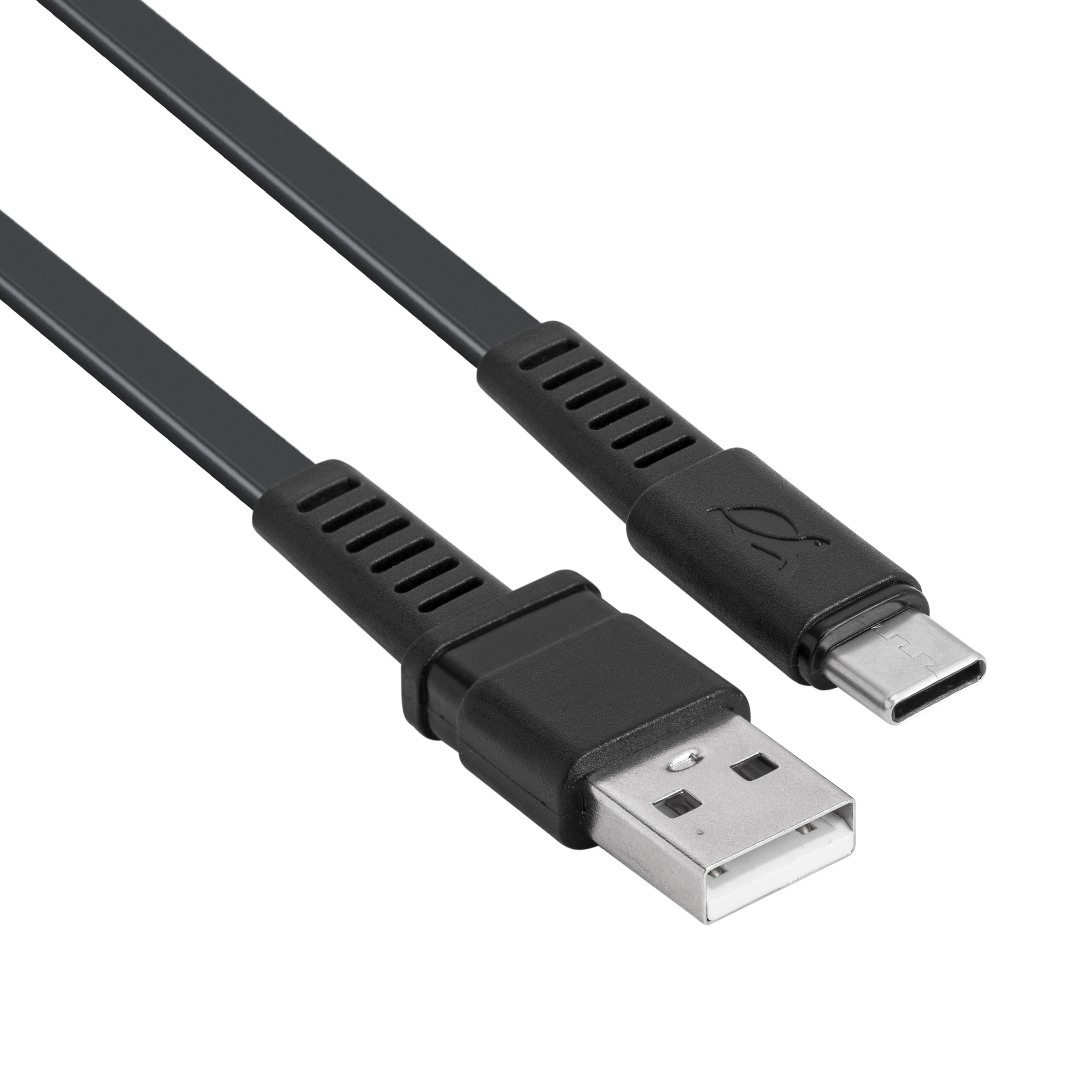 A black USB-A to USB-C cable with metal connectors, on a white background.