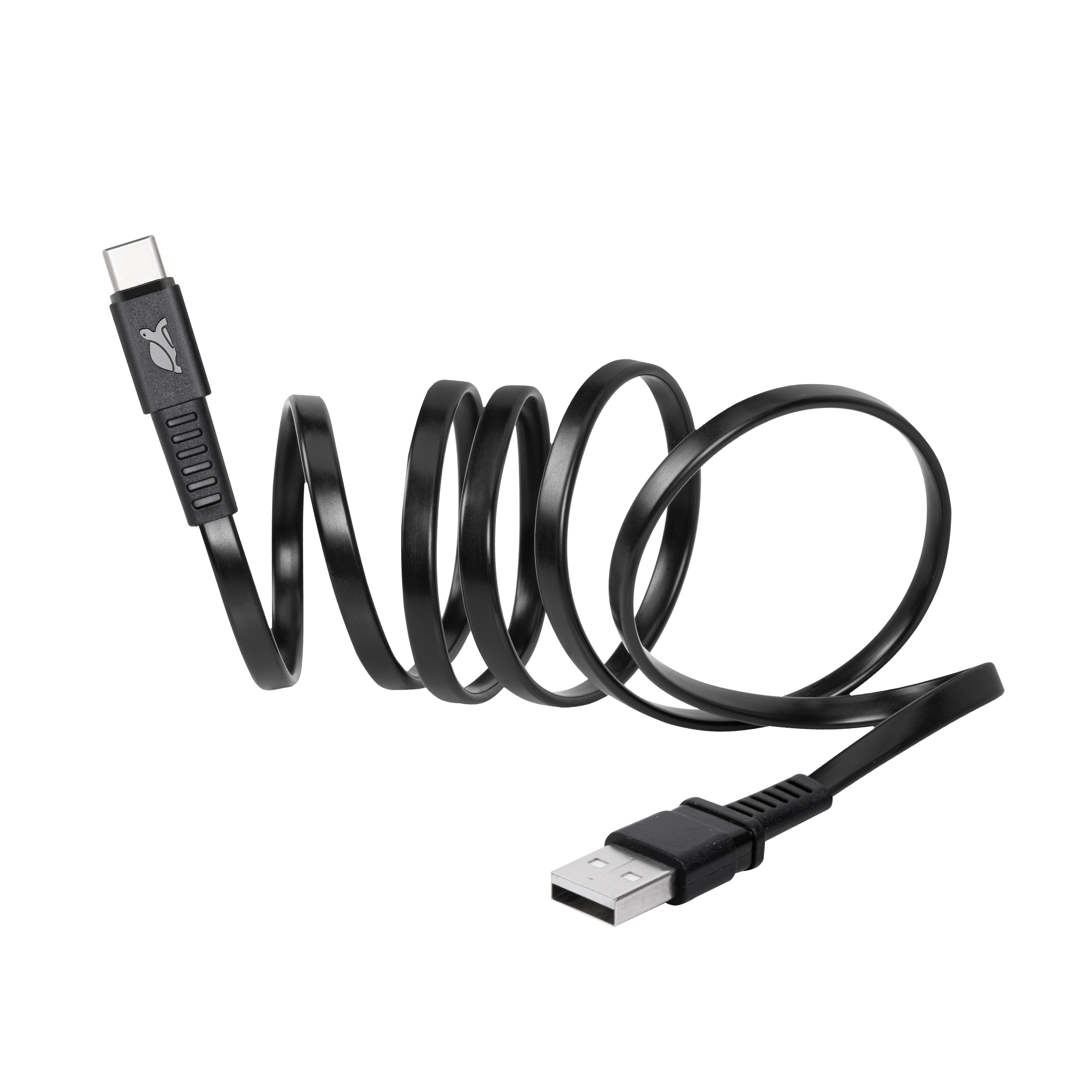 A black USB-C to USB-A cable coiled with connectors on both ends.