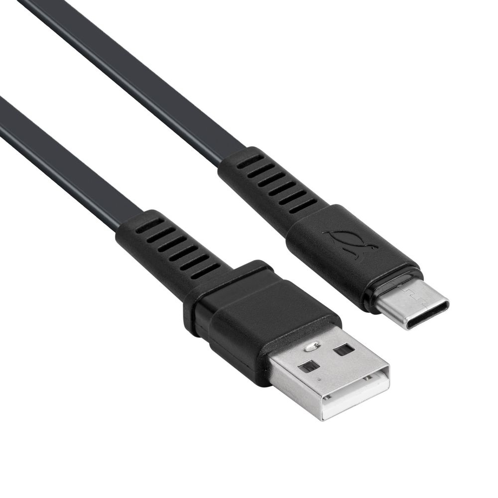 A black USB-C to USB-A cable with metal connectors and ribbed grips.