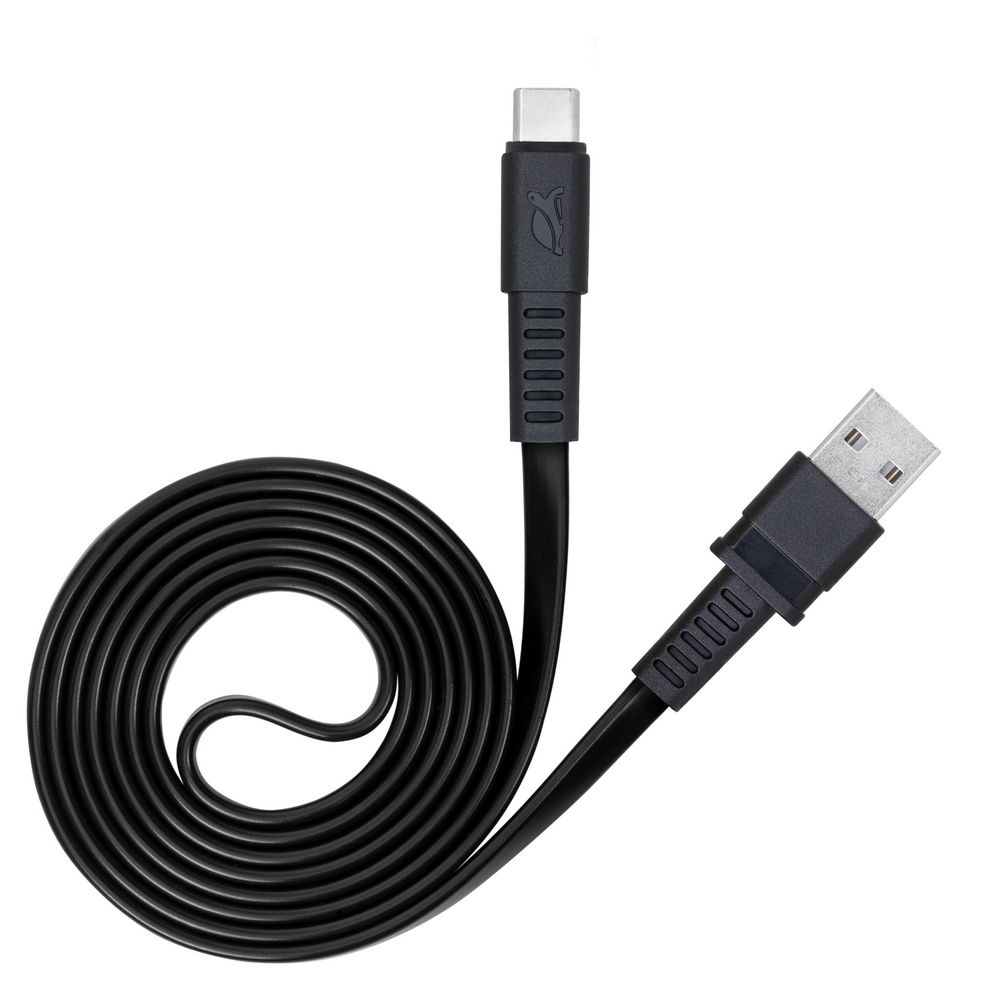 A black USB-C to USB-A cable with coiled cord and connectors.