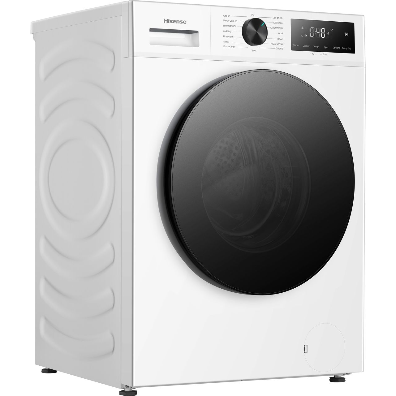 Una lavatrice Hisense bianca con oblò nero grande e display digitale.