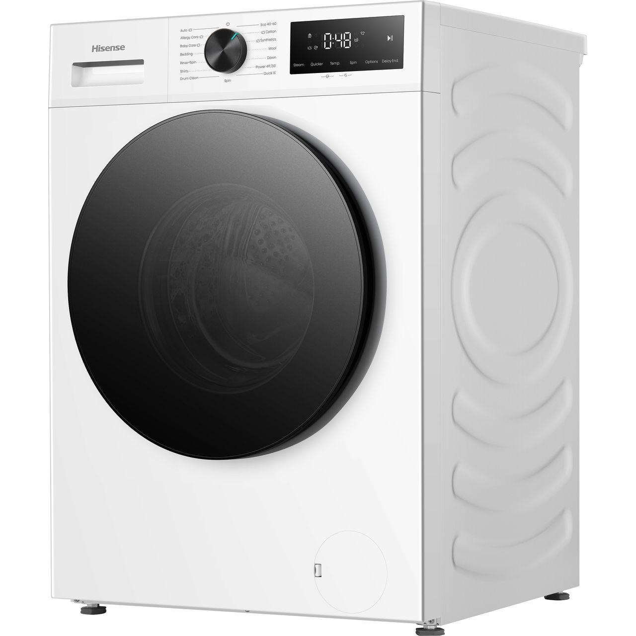 Una lavatrice Hisense bianca con oblò nero e display digitale.