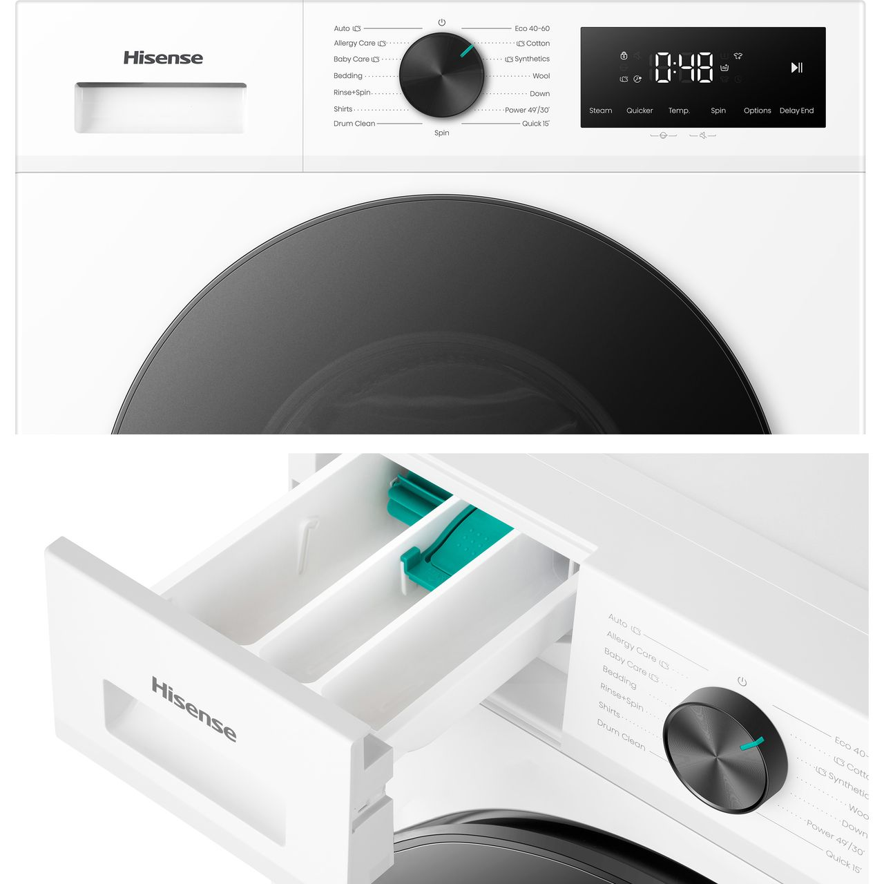 Primo piano del pannello di controllo e del cassetto detersivo di una lavatrice.