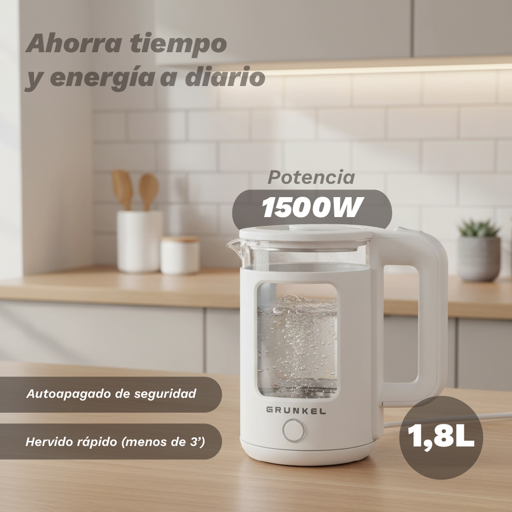 Una tetera eléctrica blanca de 1500W y 1,8L de capacidad hierve agua.
