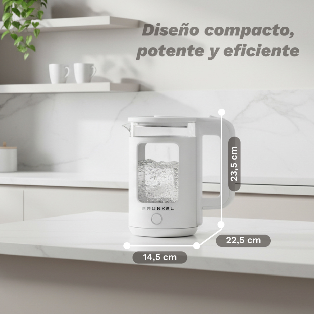Una tetera blanca de 23,5 cm de altura está sobre una encimera.