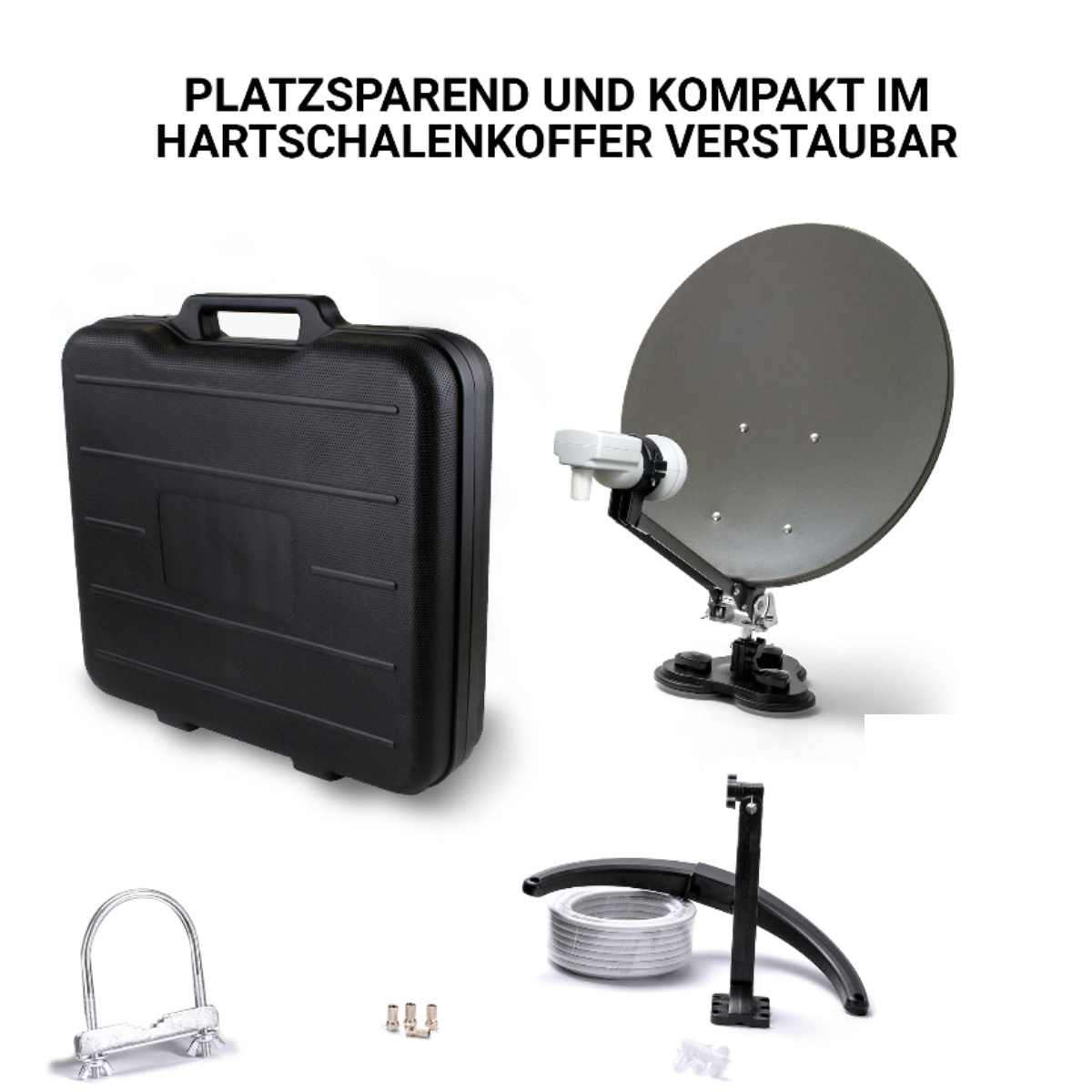 Satschüssel mit Ständer, Koffer, Kabel und Halterung.
