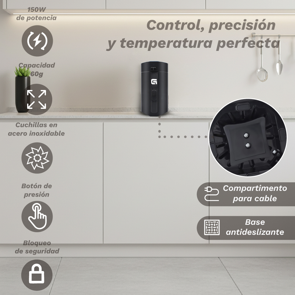 Trituradora negra con iconos de potencia, capacidad, cuchillas, botón y seguro.