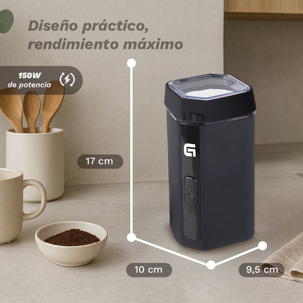 Un molinillo de café negro con dimensiones 17x10x9,5 cm. También se muestran: utensilios y café molido.