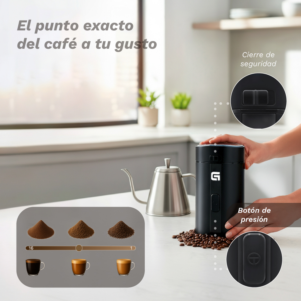 Molinillo de café con varios grosores de molienda y tazas. Una tetera está al lado.