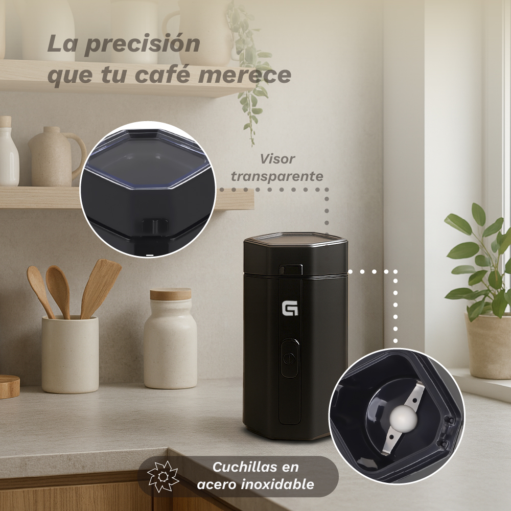Molinillo de café negro con tapa transparente y cuchillas de acero.