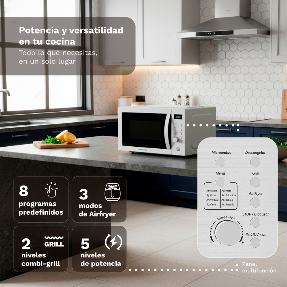 Un moderno forno a microonde bianco con funzioni grill e friggitrice ad aria su un piano cucina.