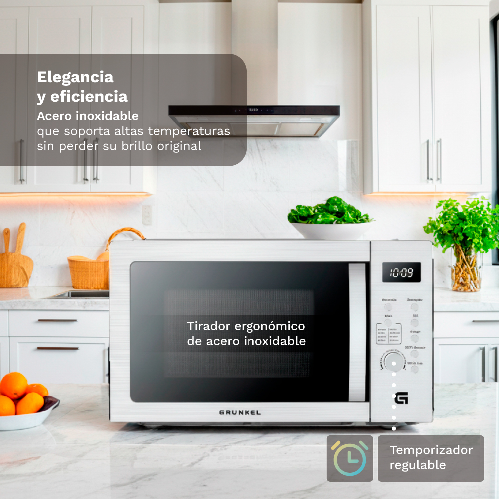 Un microonde bianco Grunkel con display digitale e maniglia in acciaio inox.