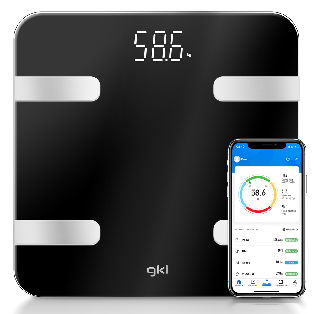 Balanza negra con detalles plateados muestra 58,6 kg. Al lado, un smartphone con app de salud.