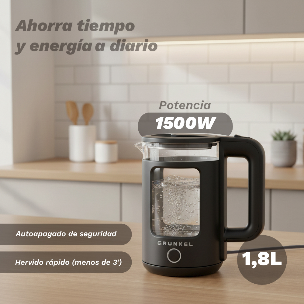 Un hervidor eléctrico negro de 1,8L y 1500W sobre una encimera.