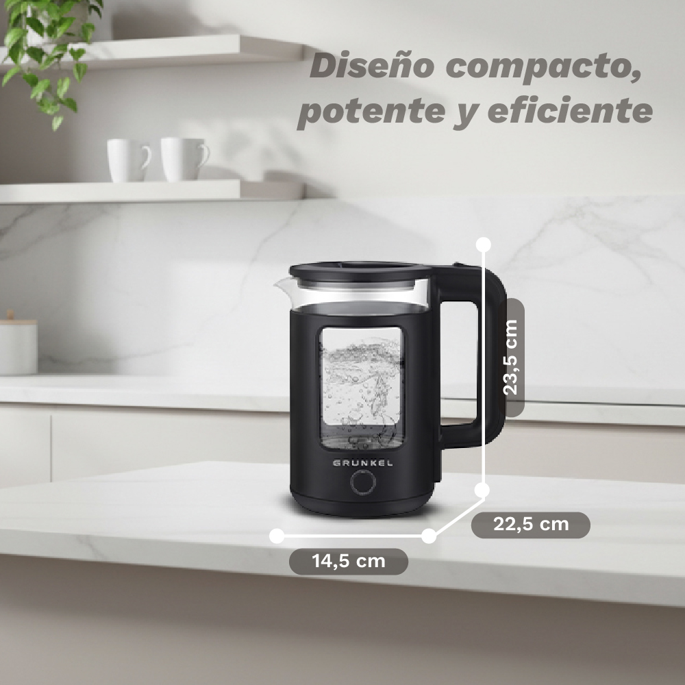 Hervidor negro con cuerpo de cristal en encimera de cocina, se muestran dimensiones.