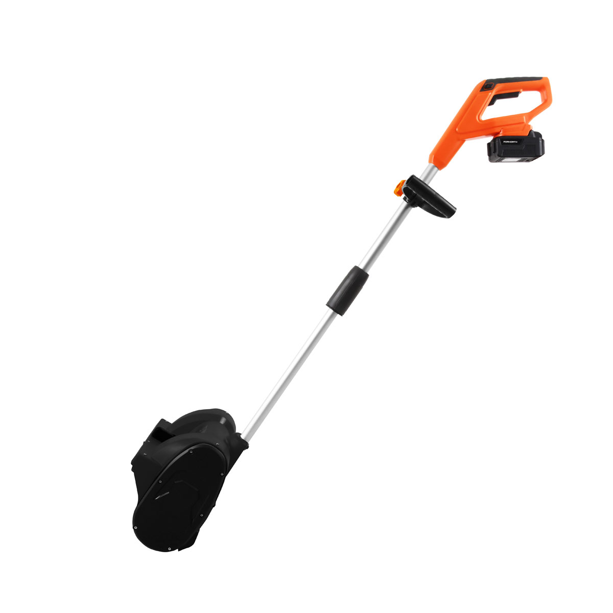 Ein orangefarbener Akku-Rasentrimmer mit silbernem Stiel und schwarzem Kopf.