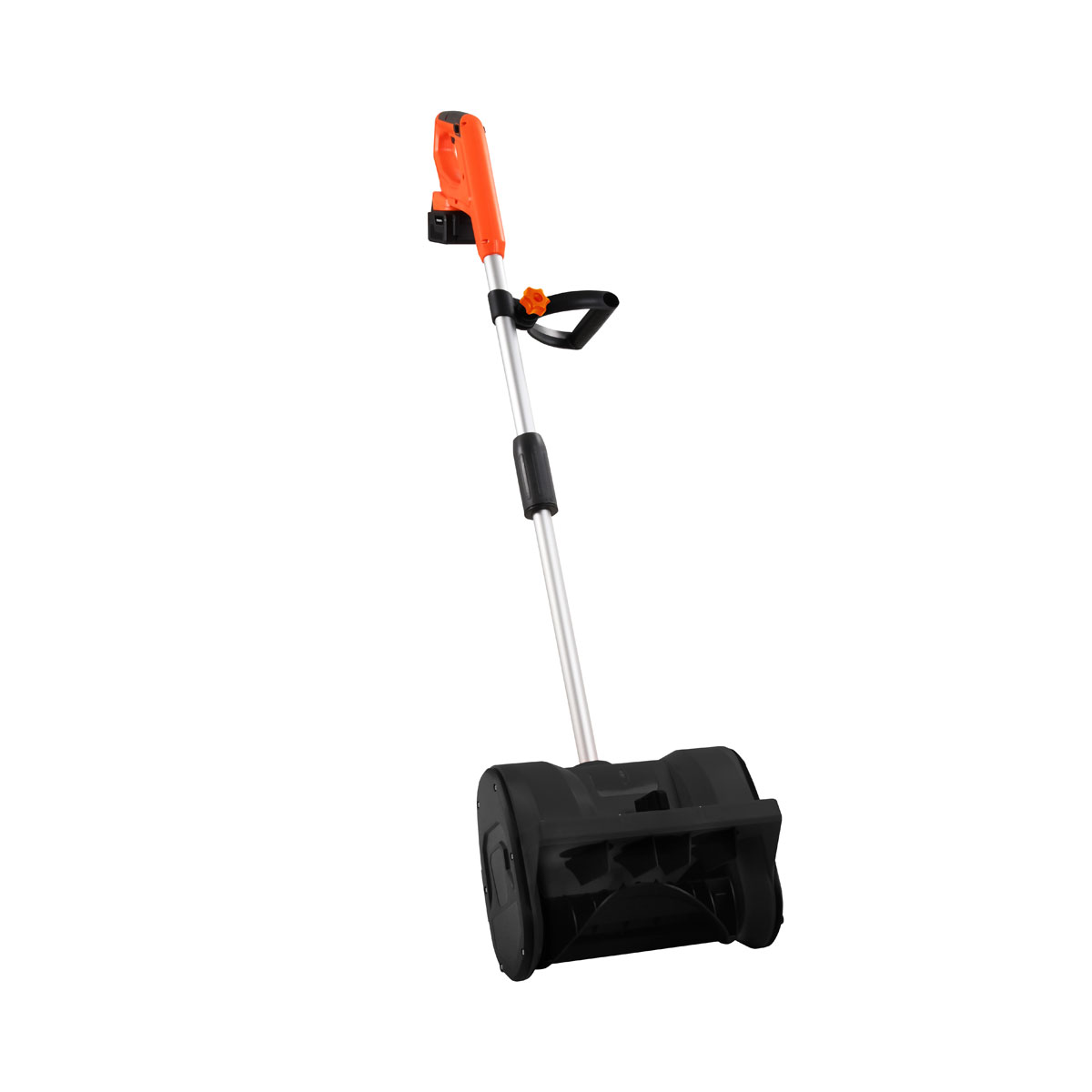 Ein leichter, tragbarer Schneefräse mit orangem Griff und schwarzem Gehäuse.