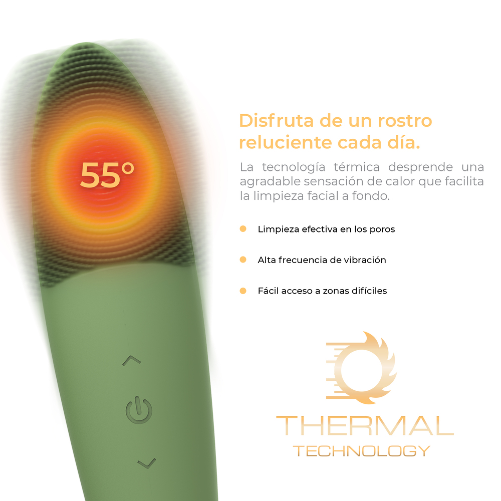 Un dispositivo verde con pantalla de calor de 55° para limpieza facial.
