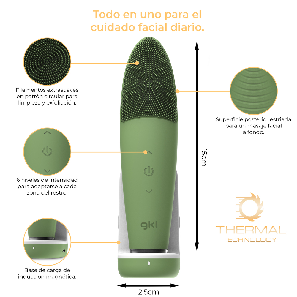 Dispositivo verde de limpieza facial con cerdas de silicona, base de carga inductiva y dimensiones.