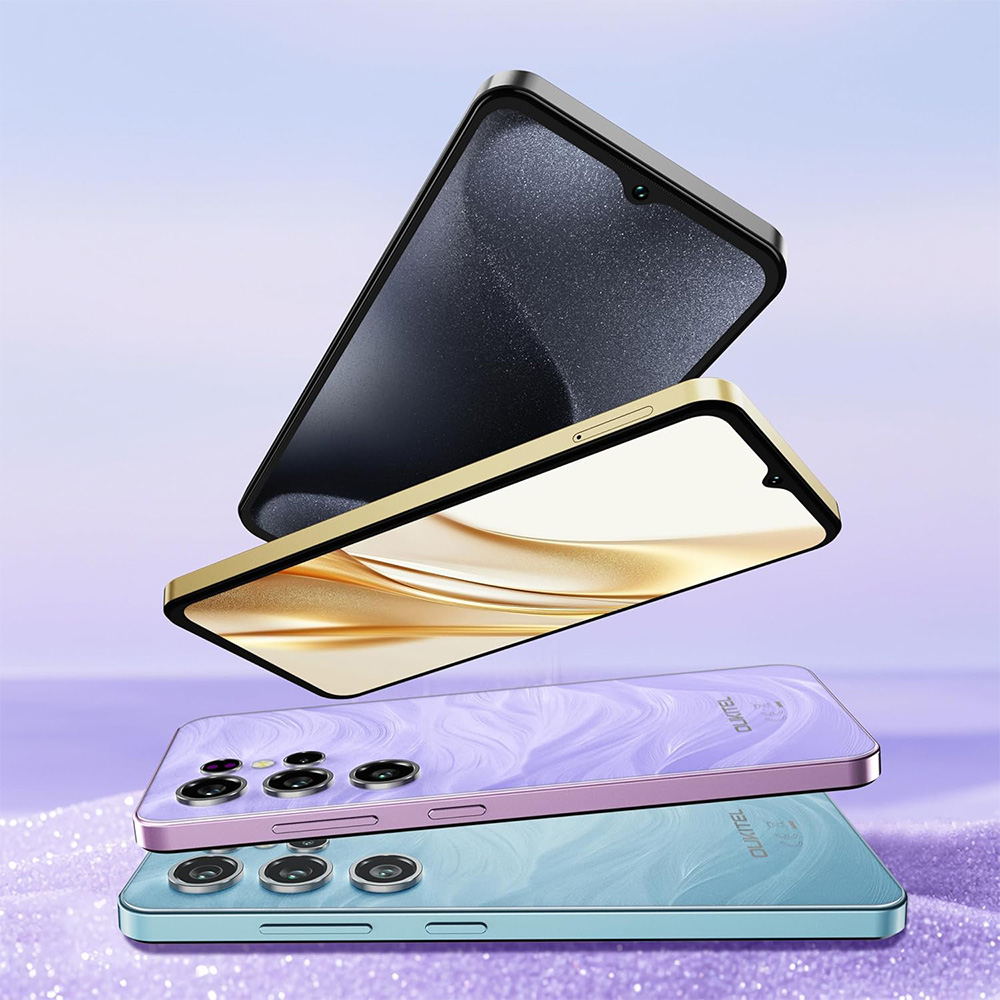 Cuatro teléfonos inteligentes en negro, dorado, morado y verde azulado apilados e inclinados sobre fondo lila.