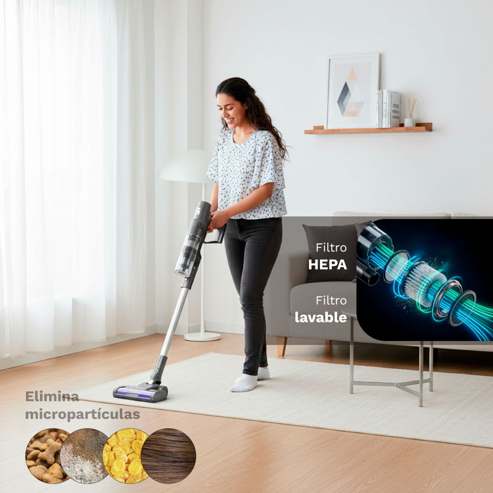 Mujer aspirando con aspiradora de mano. Se muestra gráfico de filtro HEPA.