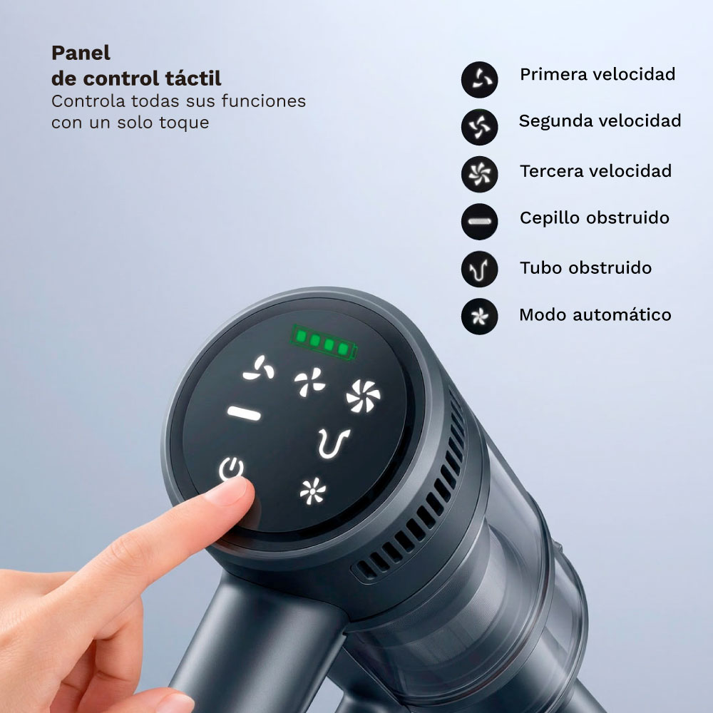 Un dedo toca el panel de control táctil de una aspiradora con iconos de velocidad y estado.