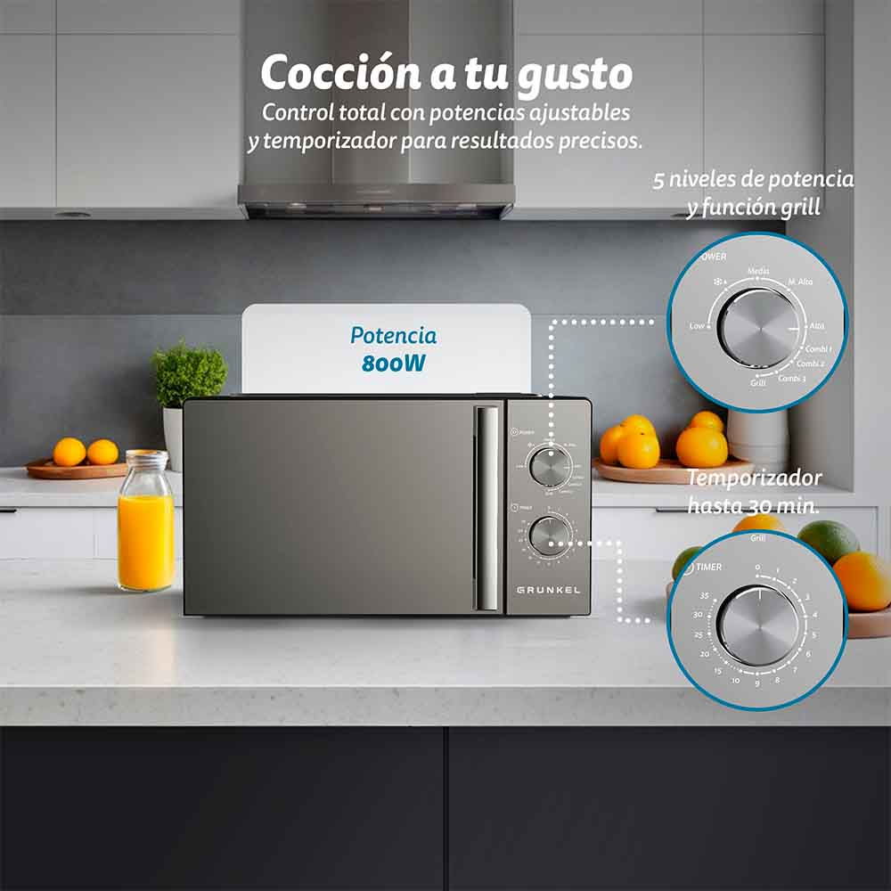 Microonde grigio con manopole di controllo e frutta sul bancone.