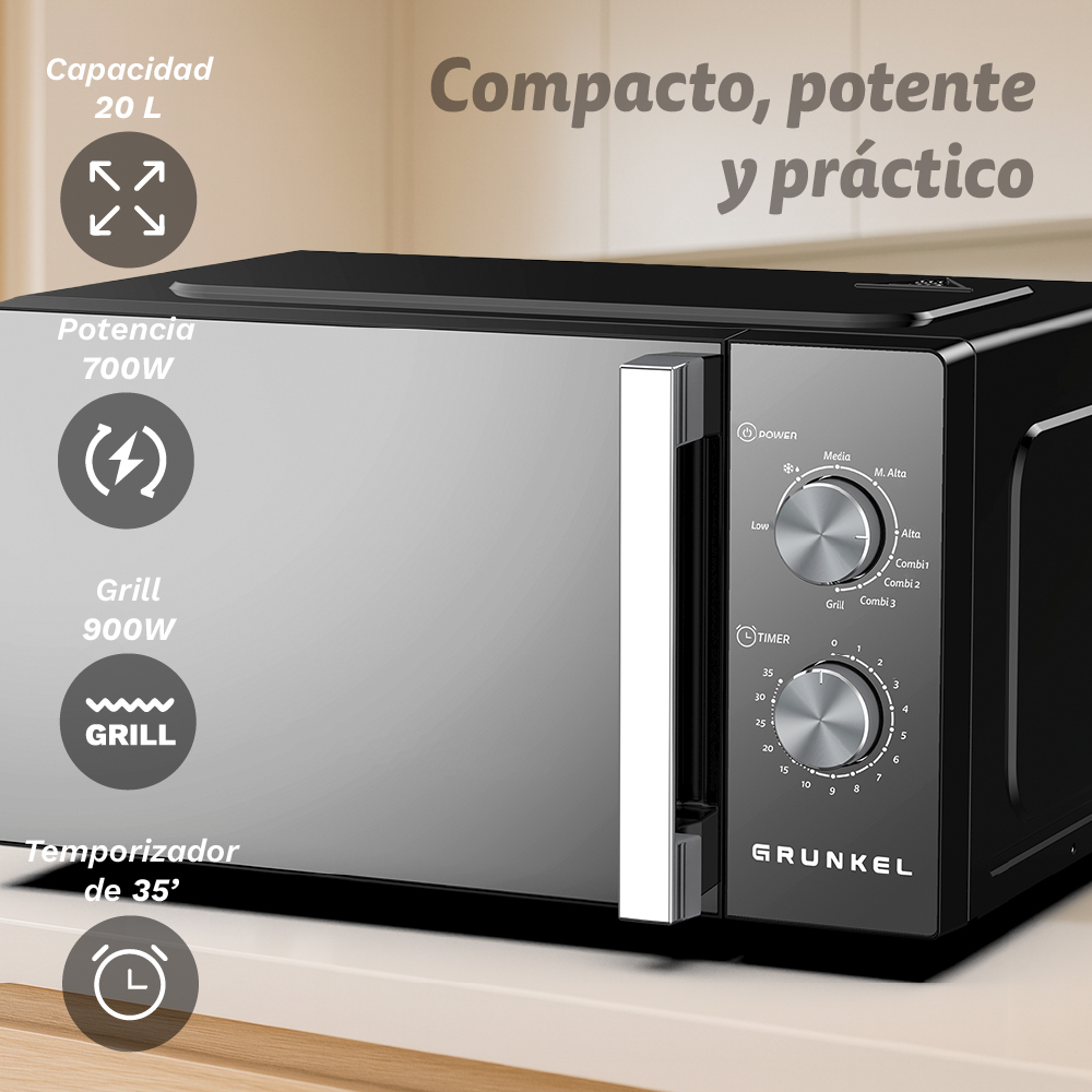 Forno a microonde nero con manico argentato, capacità 20L, potenza 700W/900W.